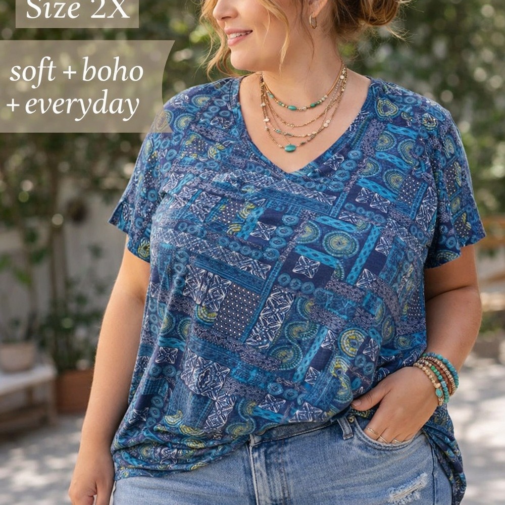 Dept 222 2X Boho Patchwork Print Tee Cotton Modal Plus Size Blue Top‎